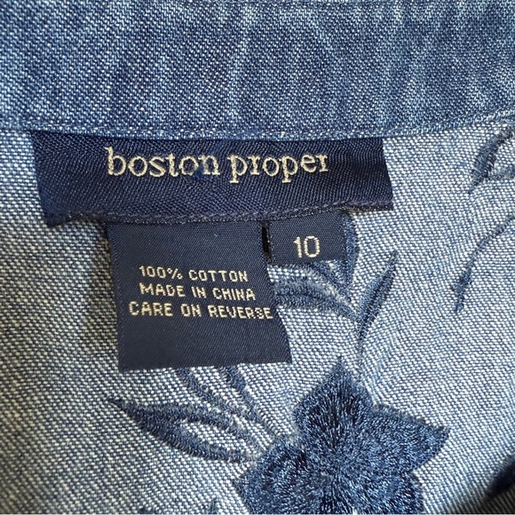 VINTAGE! 90’s Y2K Boston Proper Women's 10 Blue Denim Floral Embroidered Dress - Picture 7 of 8